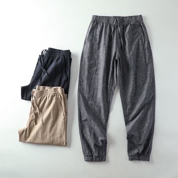 雙重水洗！棉麻混紡！輕薄透氣吸濕！春夏男士松緊腰束口褲休閑褲