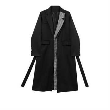 2023新款秋冬復古長款風衣黑白格單排扣西裝寬松氣質外套大衣女