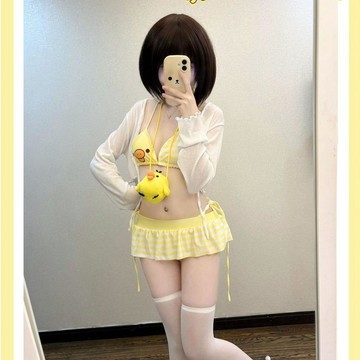 9327 人反覆回頭🛍️原創【鼻孔雞條紋泳衣】柴呼呼lolita可愛分體泳衣套裝洋裝26214BNV9