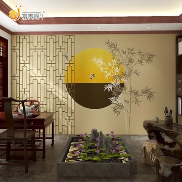 8d簡約古風壁紙新中式花鳥雅間茶室書房墻布客廳臥室電視背景墻紙