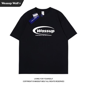 Wassup Wolf美式復古字母logo印花T恤短袖男夏季情侶休閑上衣半袖