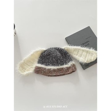 賣萌可愛手工編制兔子長耳朵毛絨針織帽女秋冬季保暖護耳毛線帽潮