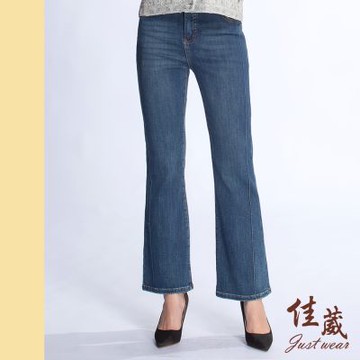 【佳葳Justwear】休閒貓抓痕牛仔喇叭褲(中大尺碼/女下身/女下著/棉質/腰頭彈性/口袋/長褲/丹寧/百搭)