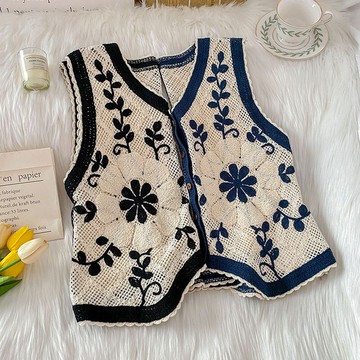 勾花鏤空開衫短款背心馬甲外套女夏薄款甜酷坎肩無袖上衣馬夾春秋