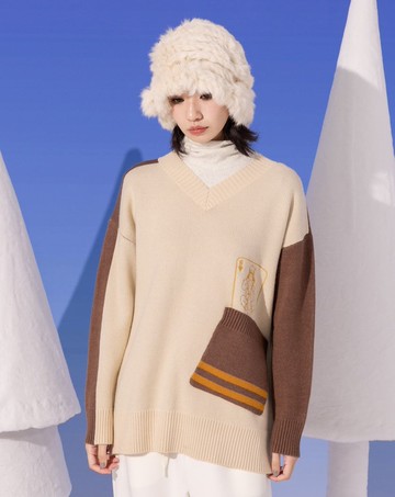 滑雪女王配色大口袋V領針織毛衣(兩色)