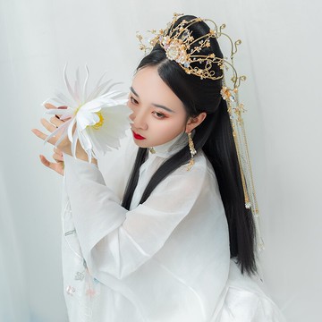 清月鹿鳴原創古風長流蘇發冠女漢服超仙發飾古裝鳳冠素雅百搭頭飾