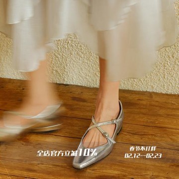 FairyWink 心動邂逅～！法式復古交叉帶粗跟方頭銀色瑪麗珍單鞋女