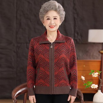新款奶奶裝秋冬外套加大碼60歲70歲中老年人針織開衫拉鏈翻領上衣