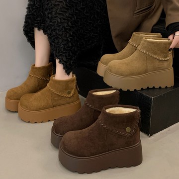 厚底鞋．保暖加厚羊羔毛反摺扣短靴．白鳥麗子