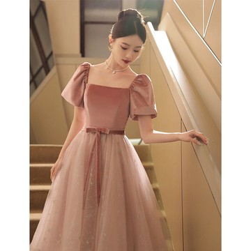 免運 長禮服 晚禮服 演出禮服 宴會禮服 粉色晚禮服裙女平時可穿小個子學生主持人宴會氣質高端生日成人禮 快速出貨