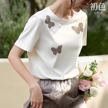初色 寬鬆蝴蝶立體裝飾圓領短袖T恤上衣女上衣-白色-35370(M-2XL可選)