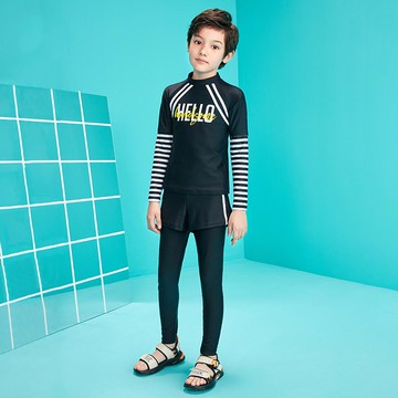 男寶運動風長袖泳衣套裝-HELLO-黑色