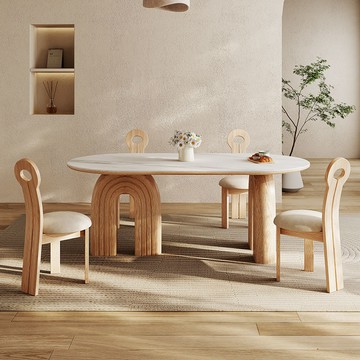 公司貨 超低價 日式奶油風實木餐桌原木現代簡約小戶型家用橢圓形巖板白蠟木飯桌 快速發貨