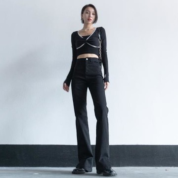 垂感彈力舒適｜黑色微喇牛仔褲女2025春季加長高腰直筒彈力喇叭褲