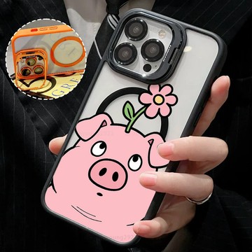 可愛花小豬 磁吸手機殼 金屬鏡頭支架 保護殼 適用於iPhone 17 16 15 14 13 12 11 Max防摔殼