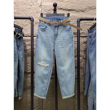 歐貨春夏薄款淺藍色破洞牛仔褲女寬松高腰顯瘦九分大碼哈倫老爹褲