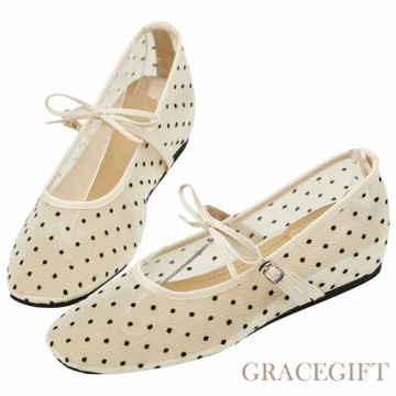 【Grace Gift】日系水玉蝴蝶結網紗內增高瑪莉珍鞋 米白