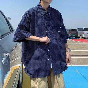 2026港風日系潮牌條紋格子襯衫男短袖寬鬆美式潮工裝半袖襯衣外套