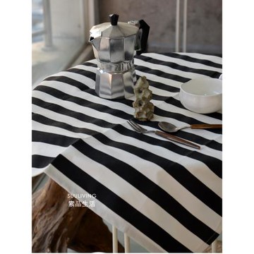 北歐簡約黑白色條紋純棉餐桌布藝書桌布臺布茶幾布料家用蓋布巾