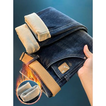 加絨加厚牛仔褲男款冬季潮流藍色微哈倫小腳褲保暖厚實修身長褲子