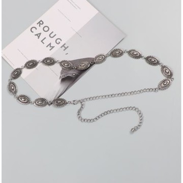 日系網紅法式復古名族風橢圓掛鉤扎花紋仿古銀鏈百搭腰鏈腰帶女潮