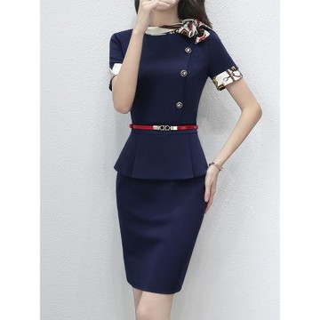 假兩件連衣裙夏新款中長款韓版修身拼接OL包臀裙空姐制服職業裝女