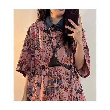 夏季新款寬松美式復古趣味卡通涂鴉印花短袖慵懶風襯衫上衣ins潮