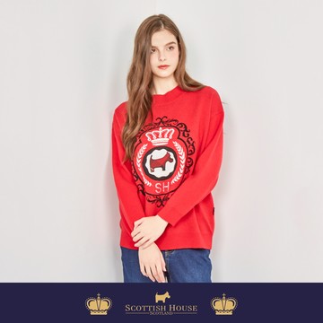 【SCOTTISH HOUSE】高貴紅圓領皇冠提花寬版長袖針織CGT11452