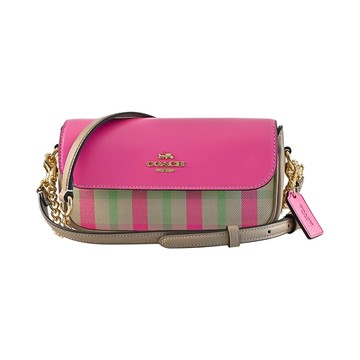 COACH Hailey桃粉撞色格紋布質拼接素面皮革翻蓋斜/肩背小包