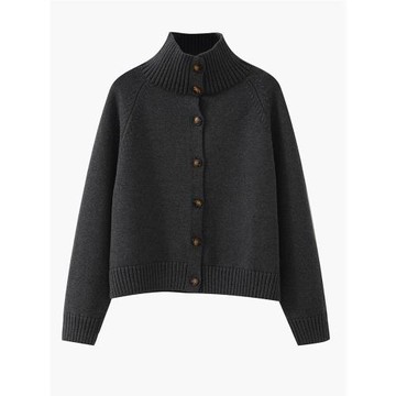 100%純棉開衫外套女半高領可翻可立秋冬季新款加厚保暖外穿針織衫