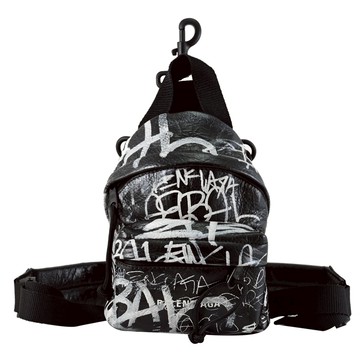BALENCIAGA 巴黎世家 656060 Explorer 品牌LOGO塗鴉小羊皮迷你兩用包/腰掛包.黑