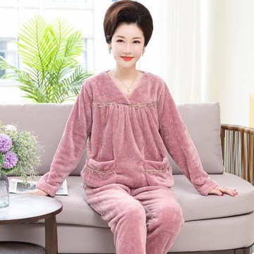 中老年人中年媽媽珊瑚絨睡衣女秋冬季加絨加厚保暖新款家居服套裝