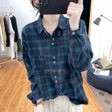 襯衫棉麻格子女簡約顯瘦百搭襯衣元寶領寬松休閒上衣時尚百搭夏季新款【倪醬】