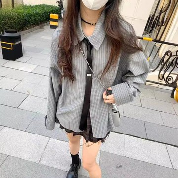 chic條紋長袖襯衫女秋季2023新款學院風設計感小眾寬松中長款開衫