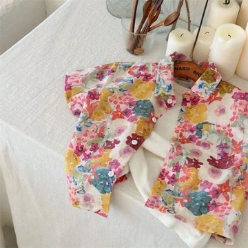 兒童花襯衫男童純夏季爆款小童休閑棉上衣網紅寶寶沙灘風襯衣短袖