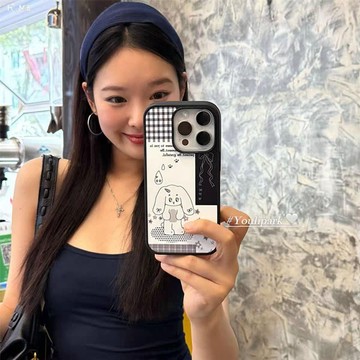 ins小眾可愛格紋線條兔子手機殼iPhone16/15ProMax蘋果13/14/1211