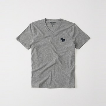 A&F 熱銷刺繡大麋鹿V領素色短袖T恤-麻花深灰色