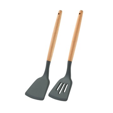 JUSTHOME 木柄耐熱矽膠炒鏟煎鏟2件組  原木色 + 黑色  1組