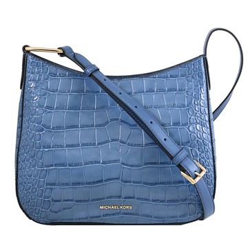 MICHAEL KORS KENSINGTON 鱷魚紋皮革拉鍊斜背包.牛仔藍