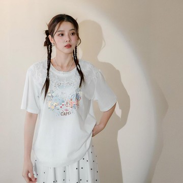 現貨★蕾絲針織領油畫圖案拼接上衣(共2色)0708 【NR1541】