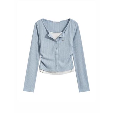 JOLIMENT藍色假兩件t恤女2025春秋季新款收腰修身短款長袖針織衫