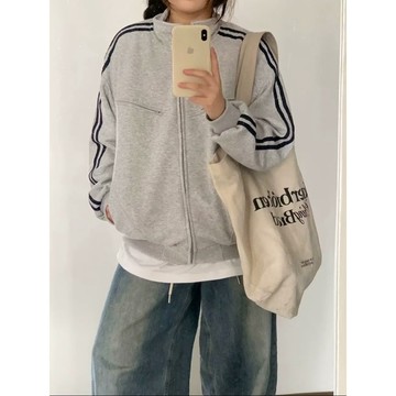 免運🔥美式復古條紋 立領拉鏈衛衣 外套男女同款 秋冬新款休閑運動服 寬松百搭上衣