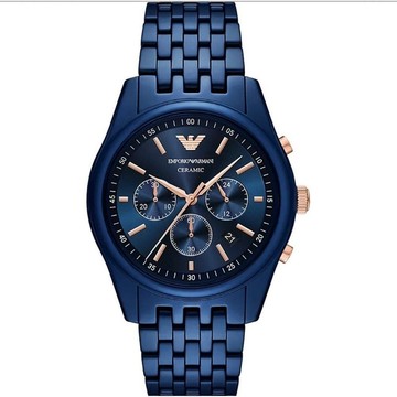 EMPORIO ARMANI 亞曼尼 經典藍陶瓷三眼計時錶-(AR70016)43mm