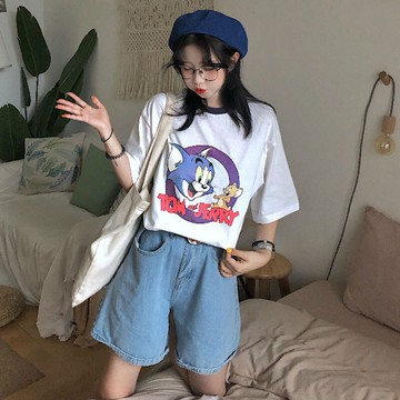 韓版寬松印花卡通圖案中長款短袖T恤女夏季新款百搭學生上衣1入