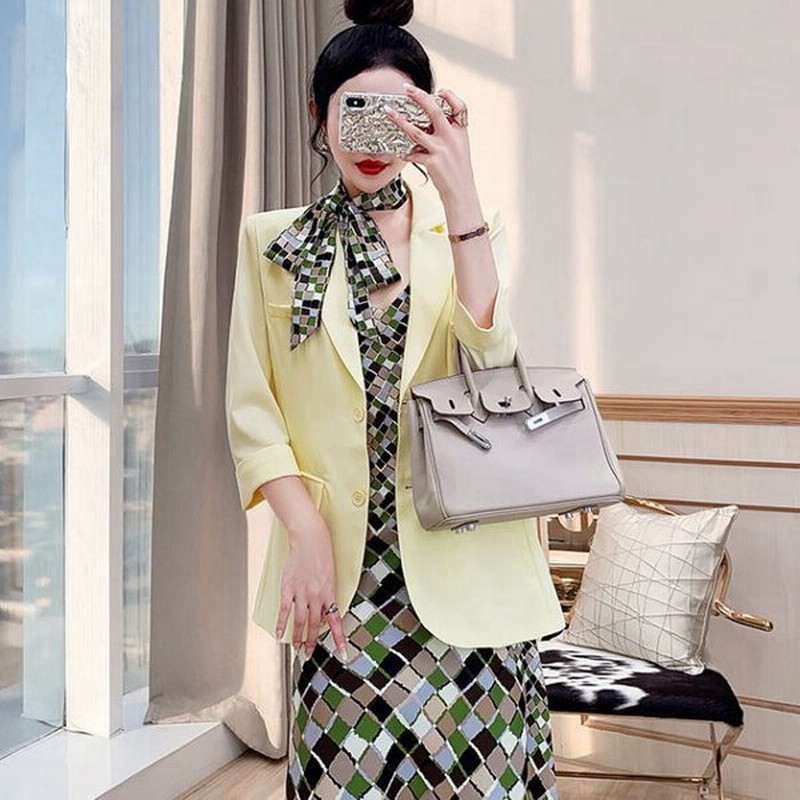 ワンピースセットアップ テーラードカラー 七分袖 ジャケット 総柄 キャミソール リボン Aライン ロング ワンピース スーツ イエロー 黄色 グリー 通販 Lineポイント最大0 5 Get Lineショッピング