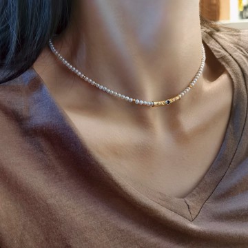 埃及風淡水akoya強光珍珠鎖骨鏈合成藍寶石項鏈手工女choker