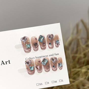 ➕最新設計款穿戴甲💅手工穿戴甲高級感粉色法式貓眼短款美甲片顯白愛心拚鑽假指甲貼片短梯穿戴甲 VRB1
