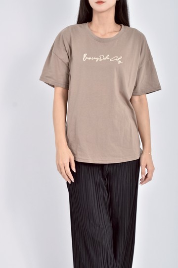 (L) maison de pink韓牌棉質字母刺繡短袖棕色短袖上衣