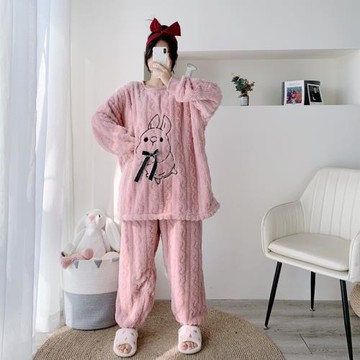 加厚卡通大碼提花法蘭絨睡衣女冬季保暖雙面珊瑚絨套裝胖mm家居服