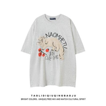 國潮慵懶貓咪植絨灰色短袖T恤女夏季小個子休閑寬松oversize上衣